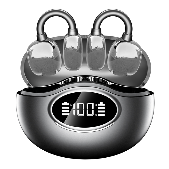 YAGUFE Open Ear Clip Wireless Earbuds Q86 Bluetooth 5.3, Sports Earphones Built-in Microphone with Earhooks & Ear Hook, Wireless Charging Case & Display, Waterproof Fitness Headphones for Running