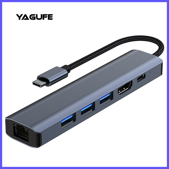 USB C Hub YAGUFE Docking station TYPE-C to RJ45 (Gigabit)+usb3.0 * 3+HDMI+PD100W with USB-C Data Port Type C,SD/Micro SD Card Reader USB C Dongle Multiport Adapter for MacBook Air/Pro, iPad Pro M1