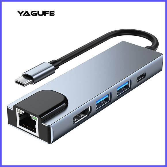 USB C Hub YAGUFE Docking station 5-in-1 TYPE-C to HDMI+USB3.0+2.0+RJ45+PD with USB-C Data Port Type C,SD/Micro SD Card Reader USB C Dongle Multiport Adapter for MacBook Air/Pro, iPad Pro M1