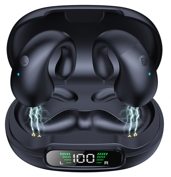 YAGUFE Open Ear Clip Wireless Earbuds Q92 Bluetooth 5.3, Sports Earphones Built-in Microp0hone with Earhooks & Ear Hook, Wireless Charging Case & Display, Waterproof Fitness Headphones for Running