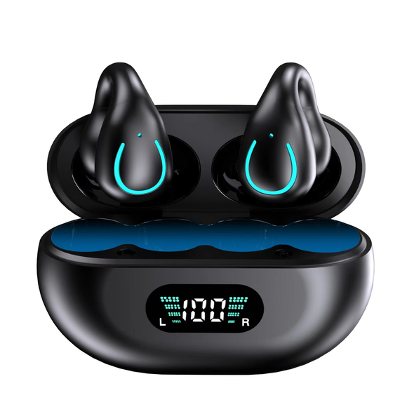 YAGUFE Open Ear Clip Wireless Earbuds Q71 Bluetooth 5.3, Sports Earphones Built-in Microp0hone with Earhooks & Ear Hook, Wireless Charging Case & Display, Waterproof Fitness Headphones for Running