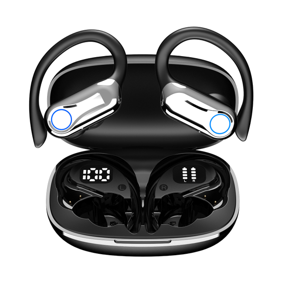 YAGUFE Open Ear Clip Wireless Earbuds Q15 Bluetooth 5.3, Sports Earphones Built-in Microphone with Earhooks & Ear Hook, Wireless Charging Case & Display, Waterproof Fitness Headphones for Running