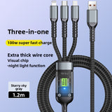 YAGUFE New Transparent 100W Fast Charging 3-in-1 Data Cable Compatible with Apple Android Huawei