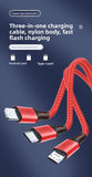 Metal Nylon Braided 3-in-1 Data Cable Android Type-C 3-in-1 USB Fast Charging Quick Gift Charging Cable